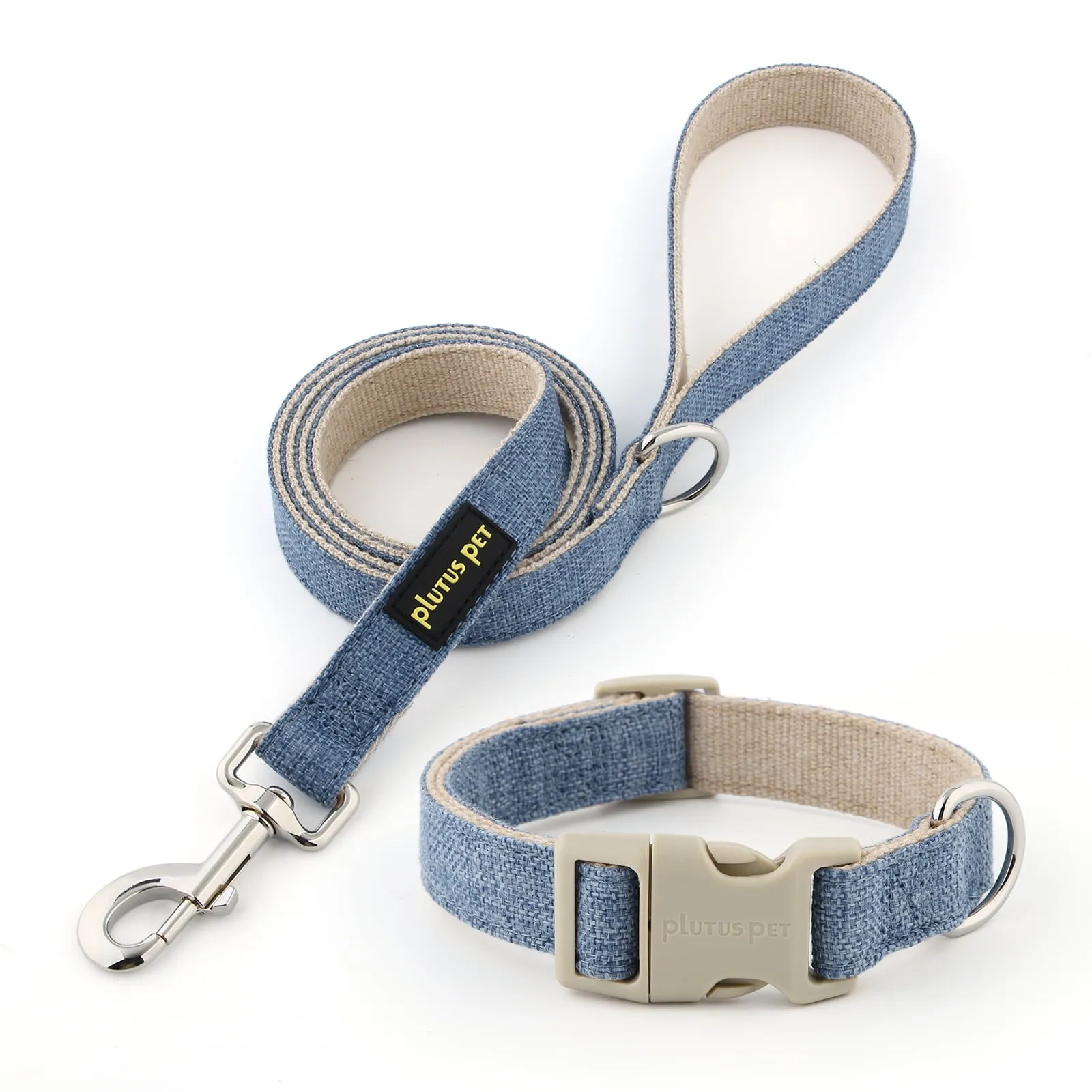Plutus Pet Cotton Hemp Dog Collar & Leash Set – Haze Blue (S)