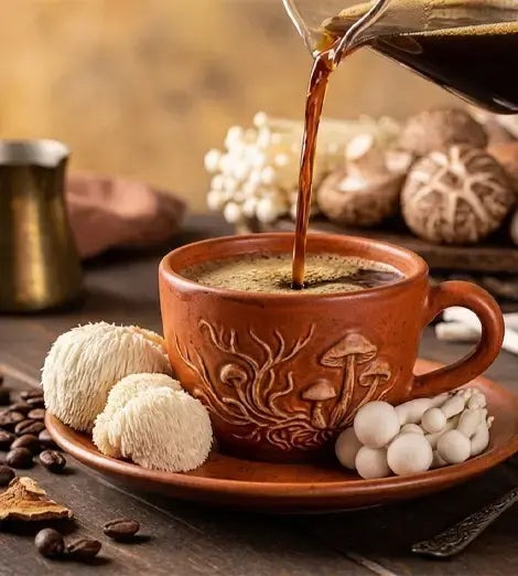 Best mushroom coffee - cup of mushroom coffee with fresh mushrooms