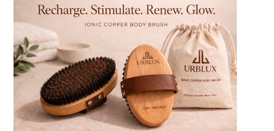 URBLUX Ionic Copper Body Brush with travel pouch - dry brushing routine